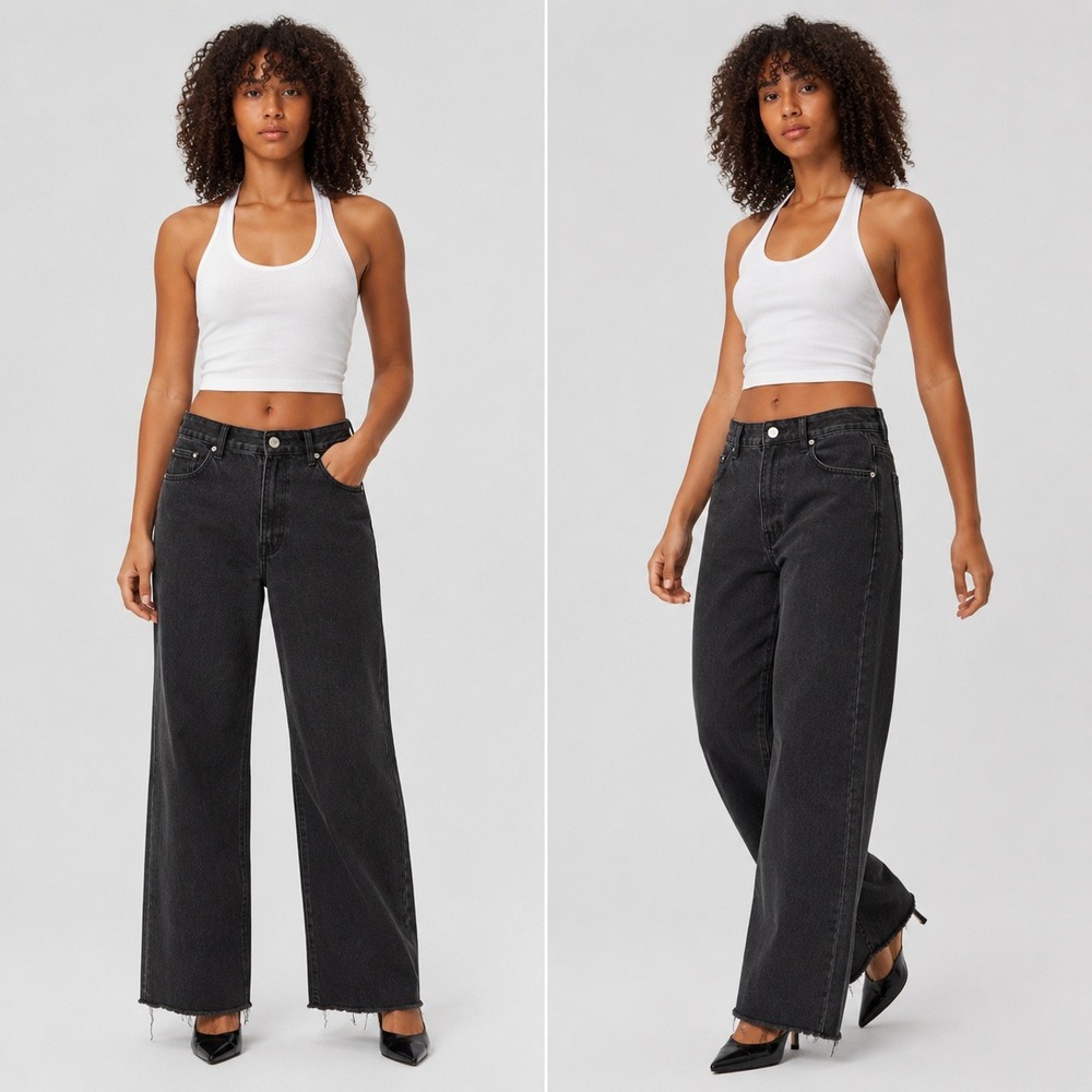 Nasty Gal Wide Leg Jeans Faded Black High‎ Rise Pleated Raw Hem Womens 8